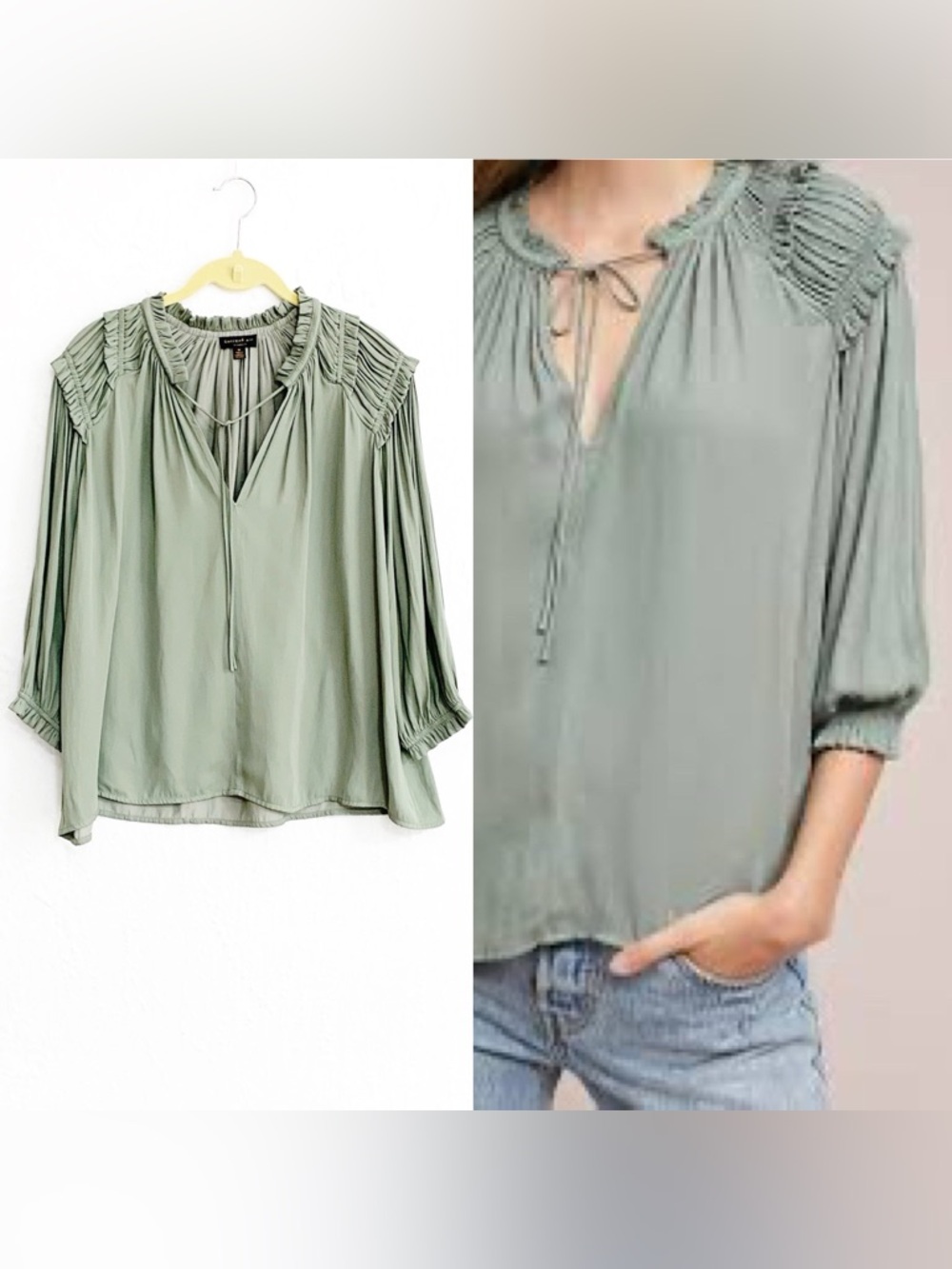 Anthropologie Current Air Steber Peasant Top Sage Green Sz M